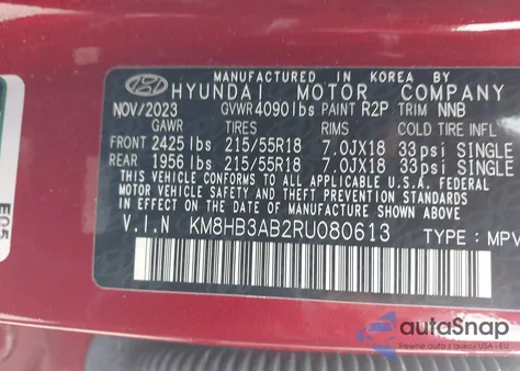 2024 Hyundai Kona Sel из США, поврежденный, VIN KM8HB3AB2RU080613